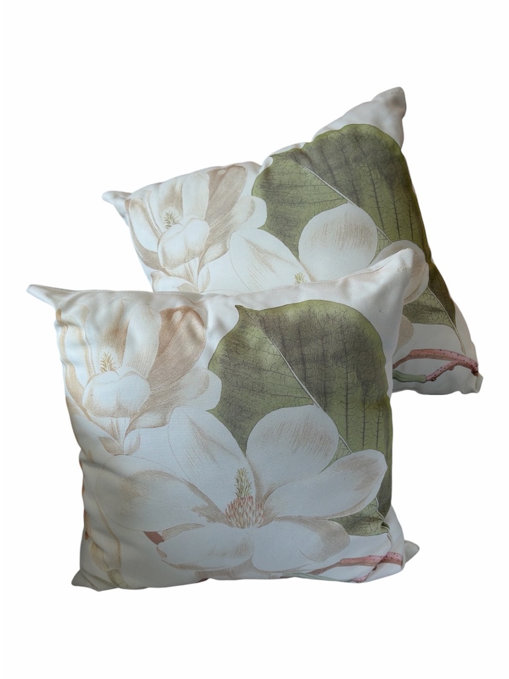 Floral Magnolia Throw Pillow Pair in White & Olive Green